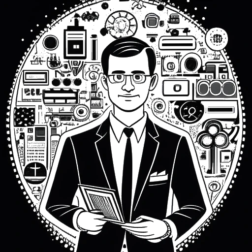 Line art drawing of a man symbolizing Michael Moritz, dressed in a suit, holding a stack of money. Surrounding him are icons representing venture capital investments and entrepreneurial pursuits. In the background, silhouettes of technology and finance-related symbols are visible, all against a white backdrop.