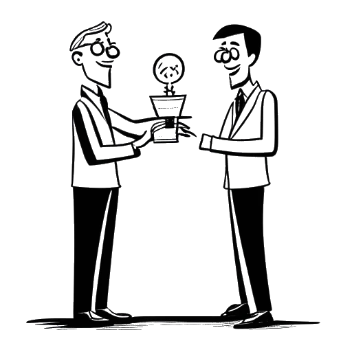 Line art drawing of a person presenting a prize to a novelist, representing Moritz sponsoring the Booker Prize through their charity Crankstart.
