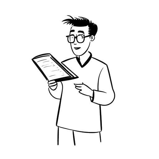 Dibujo lineal de una persona con un libro en la mano, que representa a Moritz como coautor de "Going for Broke: La historia de Chrysler".