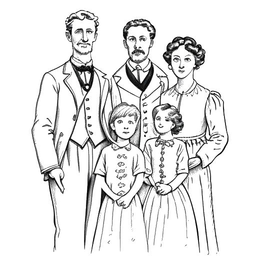 Desenho de uma família com um homem, uma mulher e dois filhos, representando o casamento de Moritz com a romancista americana Harriet Heyman.