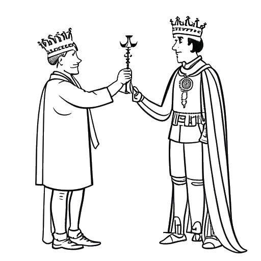 Dibujo lineal de una persona recibiendo el título de caballero, que representa el nombramiento de Moritz como Caballero Comandante de la Orden del Imperio Británico (KBE) en 2013.