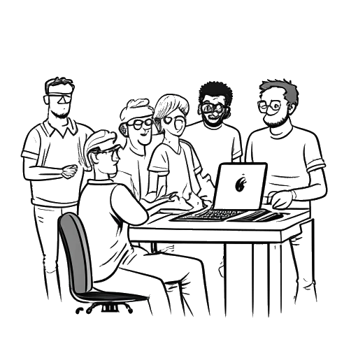Desenho de arte de linha de uma pessoa trabalhando ao lado de uma equipe de desenvolvedores, representando Moritz com idade próxima à dos membros da equipe de desenvolvimento do Mac.