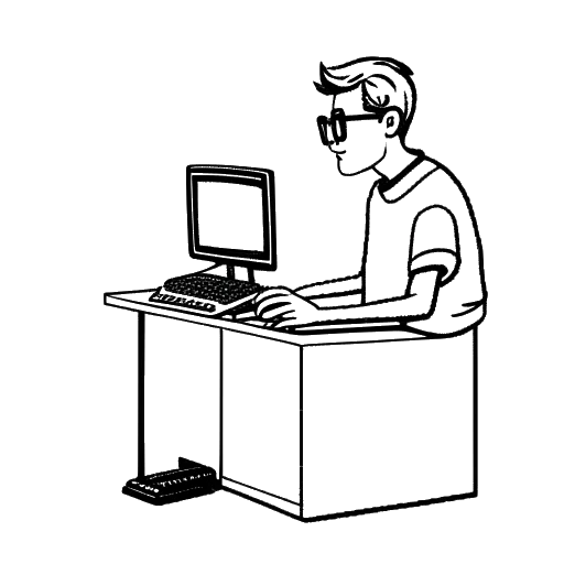 Disegno al tratto di una persona che tiene in mano un computer Mac d'epoca, che rappresenta Moritz che documenta lo sviluppo del Mac mentre lavora per il Time.