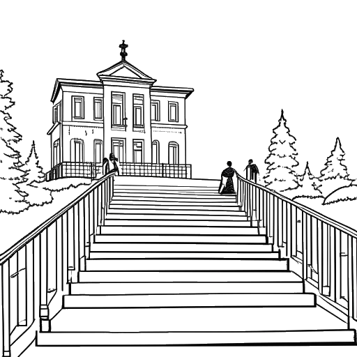 Desenho de arte de linha de uma pessoa descendo de uma plataforma e indo em direção a um edifício histórico, representando Moritz saindo da Sequoia em julho de 2023 para se concentrar na Sequoia Heritage.