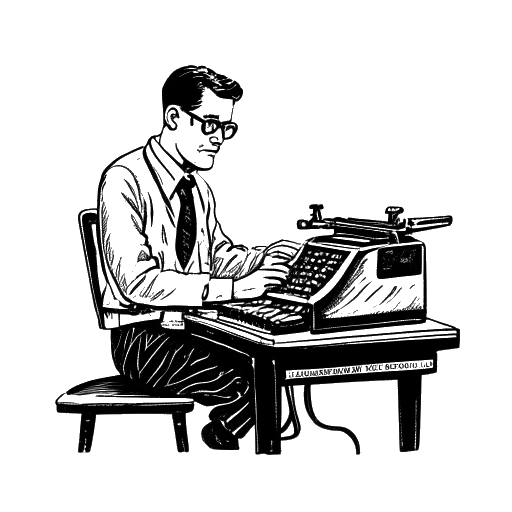 Line art drawing of a person typing on a vintage typewriter, representing Moritz starting his career as a journalist and serving as Time's San Francisco Bureau Chief.