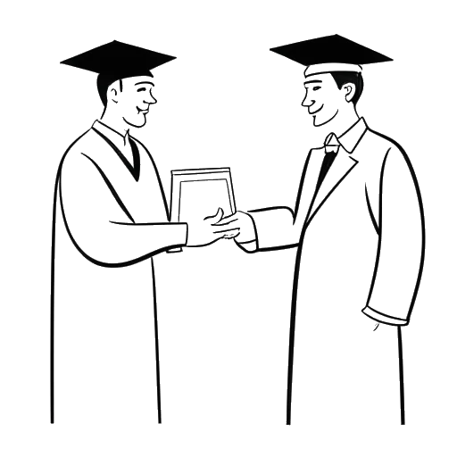 Line art drawing of a person receiving an MBA diploma, representing Moritz earning his MBA from Wharton School as a Thouron scholar.