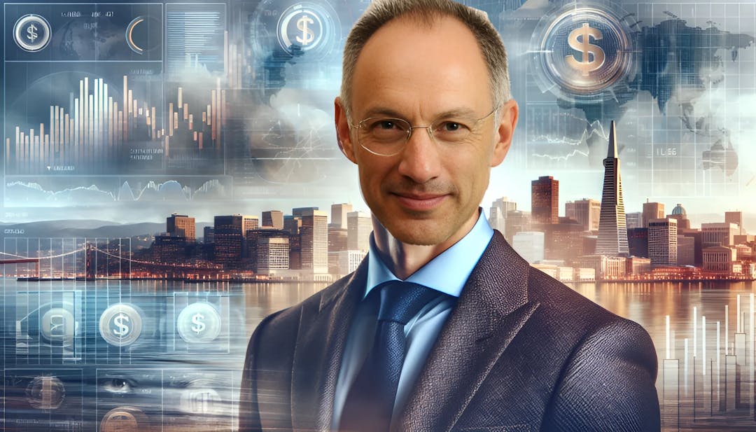 Michael Moritz, a distinguished bald-headed man with light/pale skin, confidently dressed in an elegant suit, standing in front of a backdrop featuring financial symbols and San Francisco landmarks