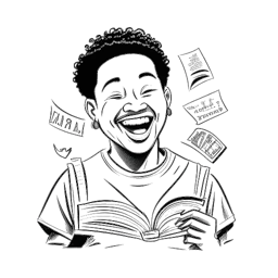 Line art drawing of a young man representing Matt Rife, laughing while holding a comedy script, with symbols from 'Wild 'n Out,' 'Brooklyn Nine-Nine,' and 'Fresh Off the Boat' behind him, all on a white backdrop.