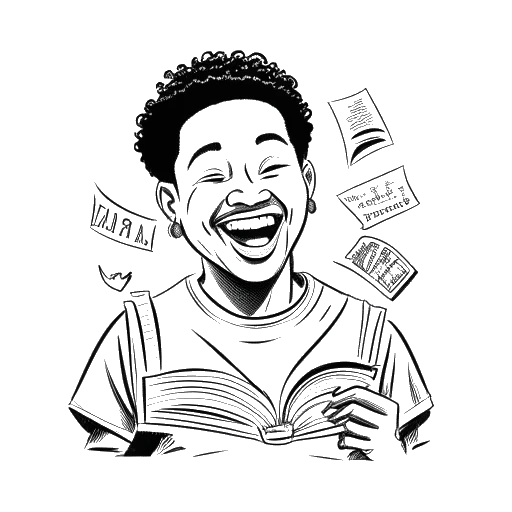 Lijnart-tekening van een jonge man die Matt Rife vertegenwoordigt, lachend terwijl hij een komisch script vasthoudt, met symbolen van 'Wild 'n Out,' 'Brooklyn Nine-Nine' en 'Fresh Off the Boat' achter hem, allemaal op een witte achtergrond.