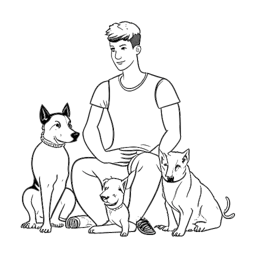Lijnart-tekening van een man die Matt Rife vertegenwoordigt, afgebeeld in comfortabele kleding, ontspannend met zijn huisdieren, met een dumbbell in de buurt, wat zowel zijn toewijding aan fysieke fitheid als zijn genegenheid voor dieren aanduidt, op een witte achtergrond.