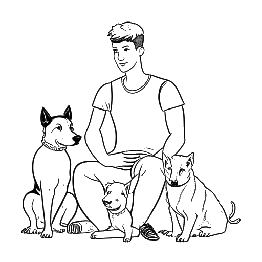 Line art drawing of a man representing Matt Rife, depicted in comfortable attire, relaxing with his pets, with a dumbbell in the vicinity, denoting both his dedication to physical fitness and his affection for animals, on a white background.