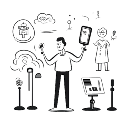 Lijnart-tekening van een man die Matt Rife vertegenwoordigt, zelfverzekerd op het podium staat met een microfoon, met een filmklapper en geestbeelden voor zijn films en paranormale activiteiten, samen met socialemedia-pictogrammen die online succes aanduiden, allemaal op een witte achtergrond.