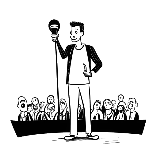 Line art drawing of a man, representing Matt Rife, doing stand-up with a microphone, with a sold-out crowd, TV, film reel, and TikTok logo in the background, against a white backdrop.