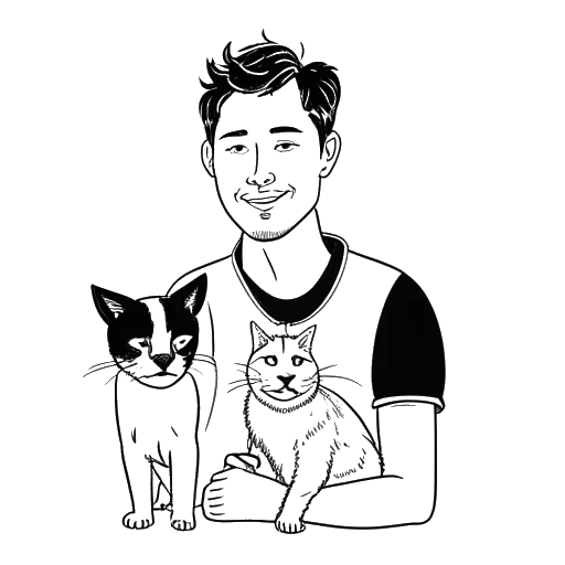 Disegno in bianco e nero di un uomo, rappresentante Matt Rife, che tiene in braccio un cane e un gatto