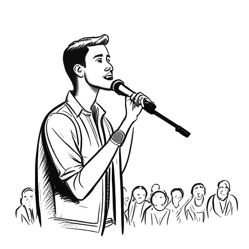 Disegno in bianco e nero di un uomo, rappresentante Matt Rife, su un palco di talent show
