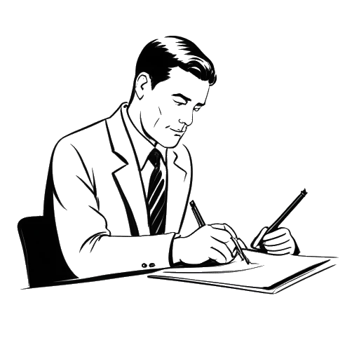 Strichzeichnung eines Mannes, der Matt Rife darstellt, der an einem Schreibtisch einen Vertrag unterschreibt