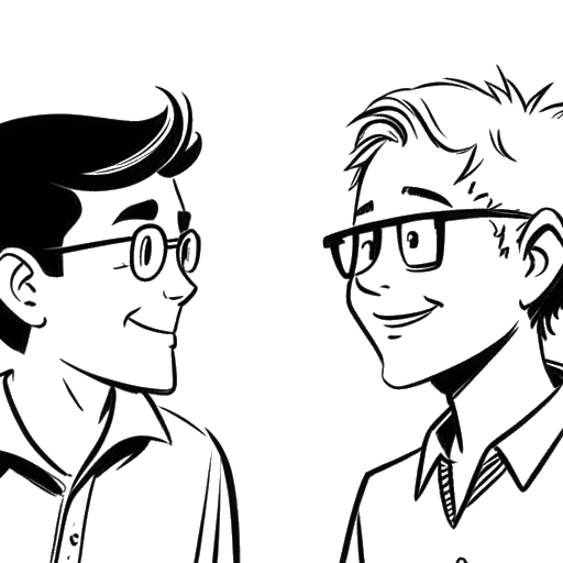 Desenho em linha de um menino, representando Matt Rife, conversando com um homem de óculos, representando seu professor do ensino médio