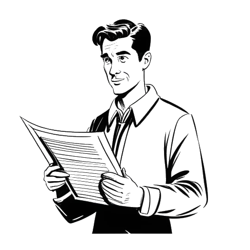 Desenho em linha de um homem, representando Matt Rife, segurando um roteiro e um claquete