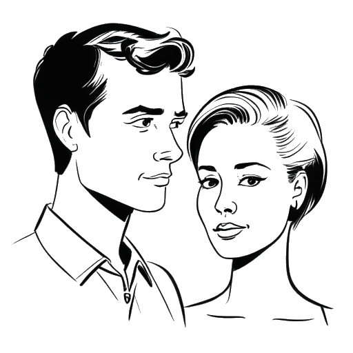 Disegno in bianco e nero di un uomo, rappresentante Matt Rife, e una donna, rappresentante Kate Beckinsale