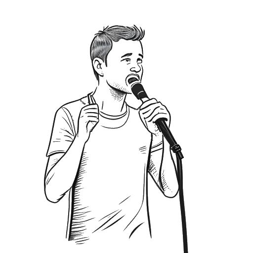 Disegno in bianco e nero di un uomo, rappresentante Matt Rife, che parla di salute mentale sul palco