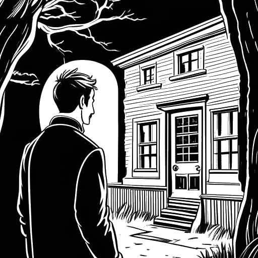 Lijn kunst tekening van een man, die Matt Rife voorstelt, die een spookachtige locatie onderzoekt