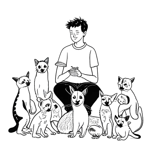 Disegno in bianco e nero di un uomo, rappresentante Matt Rife, che gioca con gatti e cani