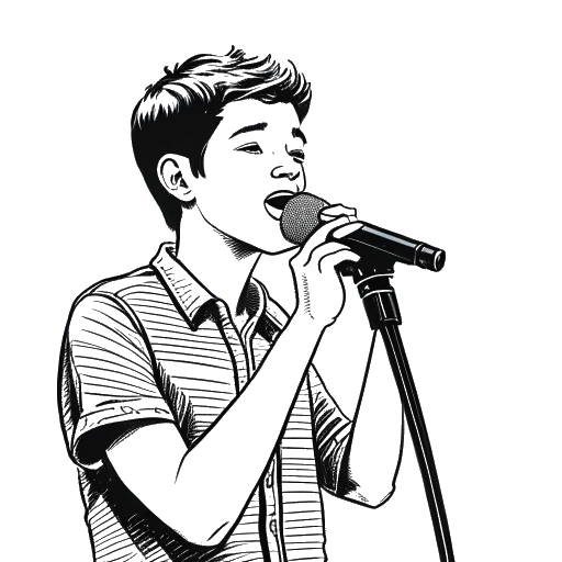 Line art drawing of a teenage boy, representing Matt Rife, holding a microphone on stage