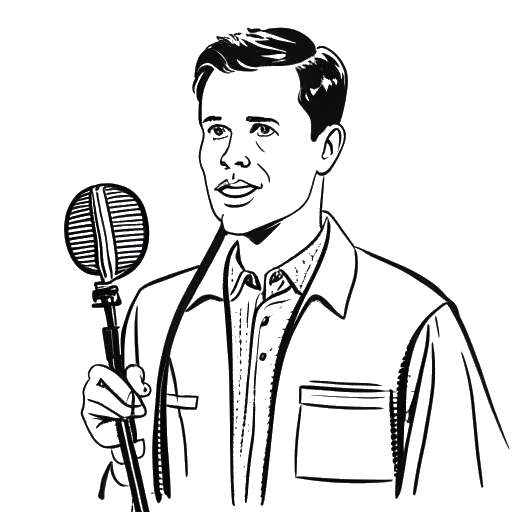 Desenho em linha de um homem, representando Matt Rife, segurando um microfone com uma câmera de TV ao fundo