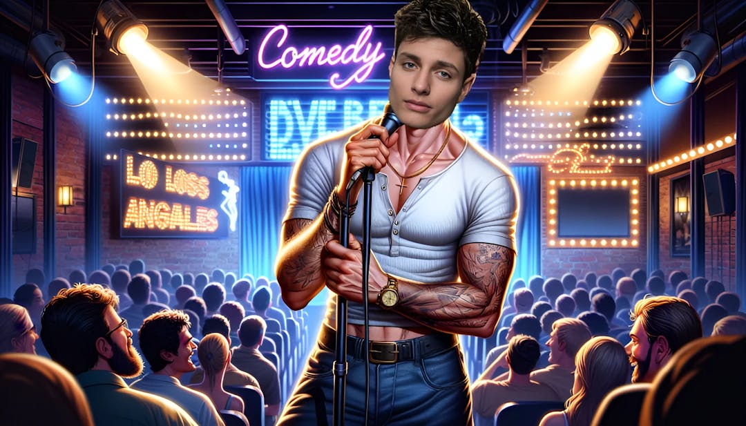 Comedian Matt Rife, in casual wear, holding a microphone in a comedy club backdrop with Los Angeles skyline, social media icons, and large playful representations of a cat and dog.