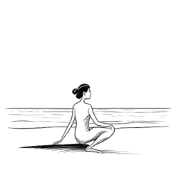 Line art drawing of a woman, representing Emily Feld, in a yoga pose on a peaceful beach setting.