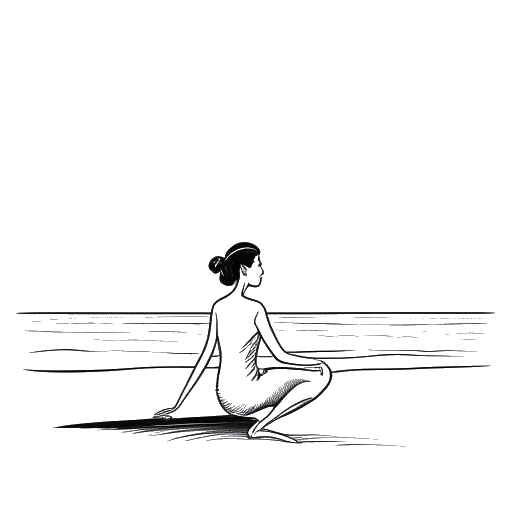 Dibujo de arte lineal de una mujer, que representa a Emily Feld, en una pose de yoga en un entorno tranquilo de playa.