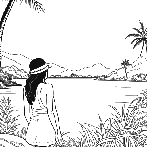 Dibujo de arte lineal de una mujer, que representa a Emily Feld, posando elegantemente con un telón de fondo de paisajes exóticos.