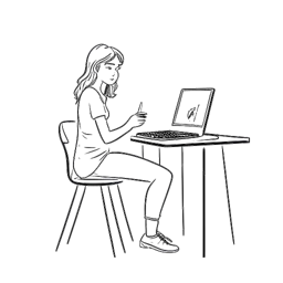 Dibujo de arte lineal de una mujer, que representa a Emily Feld, grabando un vlog en un entorno hogareño relajado.