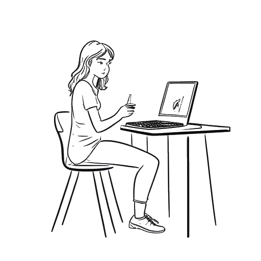 Dibujo de arte lineal de una mujer, que representa a Emily Feld, grabando un vlog en un entorno hogareño relajado.