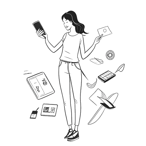 Line art drawing of a woman, representing Emily Feld, in a modeling pose with a smartphone and plane ticket, indicating modeling and travel for work, along with surrounding brand logos, against a white backdrop.