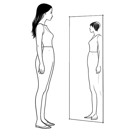 Line art drawing of a young woman, representing Emily Feld, standing in front of a mirror with measurements visible