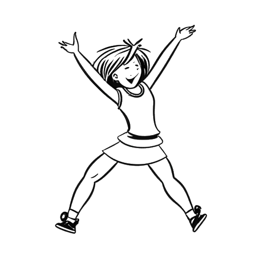 Line art drawing of a girl in a cheerleading uniform, representing Emily Feld, performing a stunt