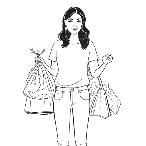 Line art drawing of a young woman, representing Emily Feld, holding various clothing items