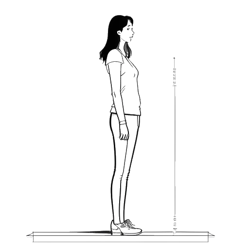 Line art drawing of a young woman, representing Emily Feld, standing next to a height chart