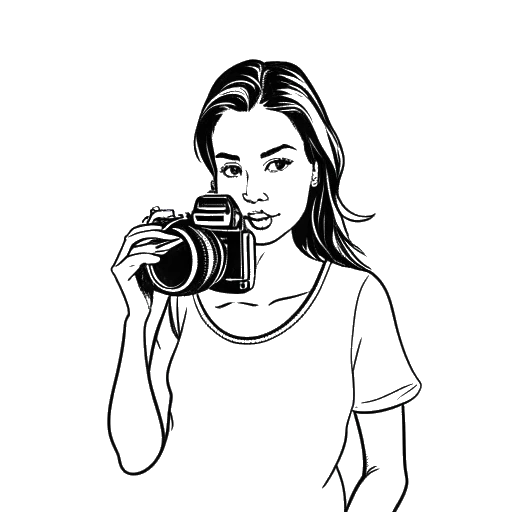 Line art drawing of a young woman, representing Emily Feld, posing for a photographer with a camera in the foreground