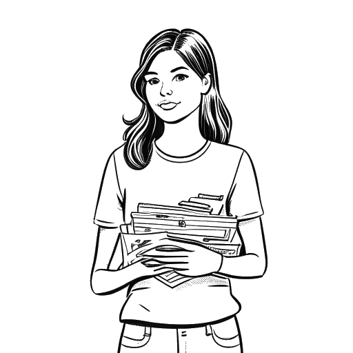 Line art drawing of a young woman, representing Emily Feld, holding a stack of money