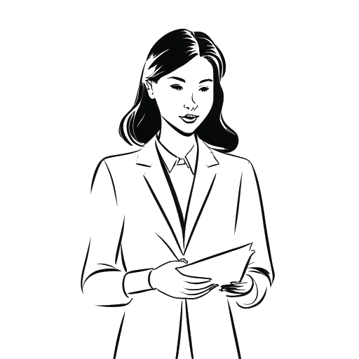 Line art drawing of a young woman, representing Emily Feld, in a business setting holding a contract