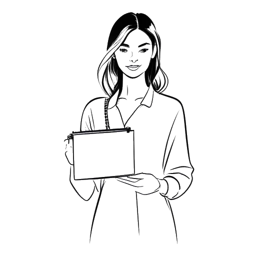 Dibujo de arte lineal de una mujer joven, representando a Emily Feld, sosteniendo un portafolio de modelo