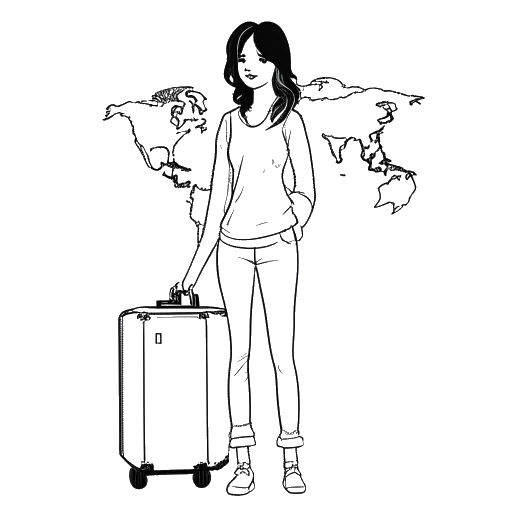 Dibujo de arte lineal de una mujer joven, representando a Emily Feld, sosteniendo una maleta frente a un mapa del mundo