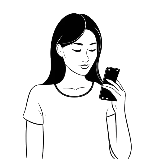 Line art drawing of a young woman, representing Emily Feld, holding a smartphone with the Twitter logo visible on the screen