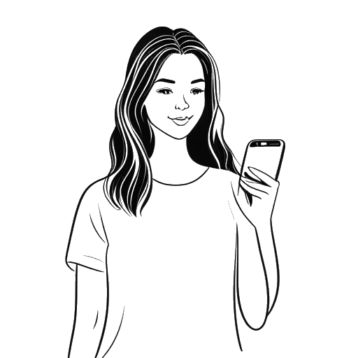 Line art drawing of a young woman, representing Emily Feld, holding a smartphone with the YouTube logo visible on the screen