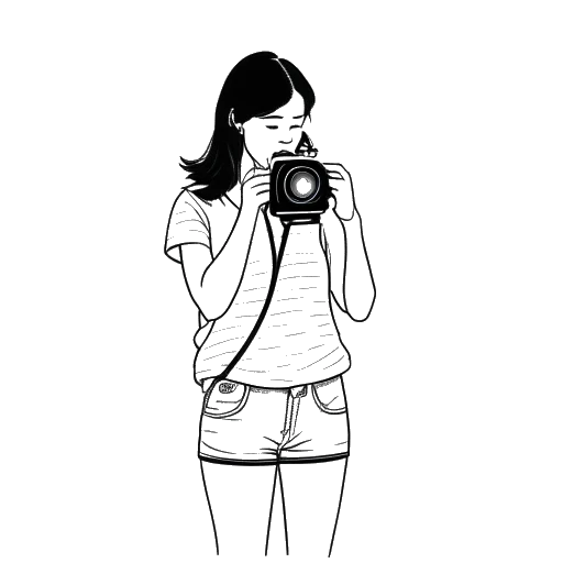 Dibujo de arte lineal de una mujer joven, representando a Emily Feld, sosteniendo una cámara frente a un cuerpo de agua