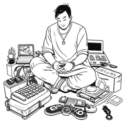 Desenho em arte linear de um homem representando Steve Aoki, vestindo uma faixa preta, com um quimono de judô e traje de jiu-jitsu brasileiro. Ele está segurando um controle e cercado por equipamentos de esportes eletrônicos, tudo em um fundo branco.