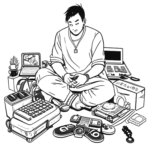 Desenho em arte linear de um homem representando Steve Aoki, vestindo uma faixa preta, com um quimono de judô e traje de jiu-jitsu brasileiro. Ele está segurando um controle e cercado por equipamentos de esportes eletrônicos, tudo em um fundo branco.