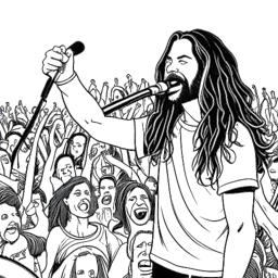 Line art drawing of a man representing Steve Aoki, with long hair, holding a microphone and DJ equipment. A crowd of enthusiastic fans is visible in the background, all against a white backdrop.
